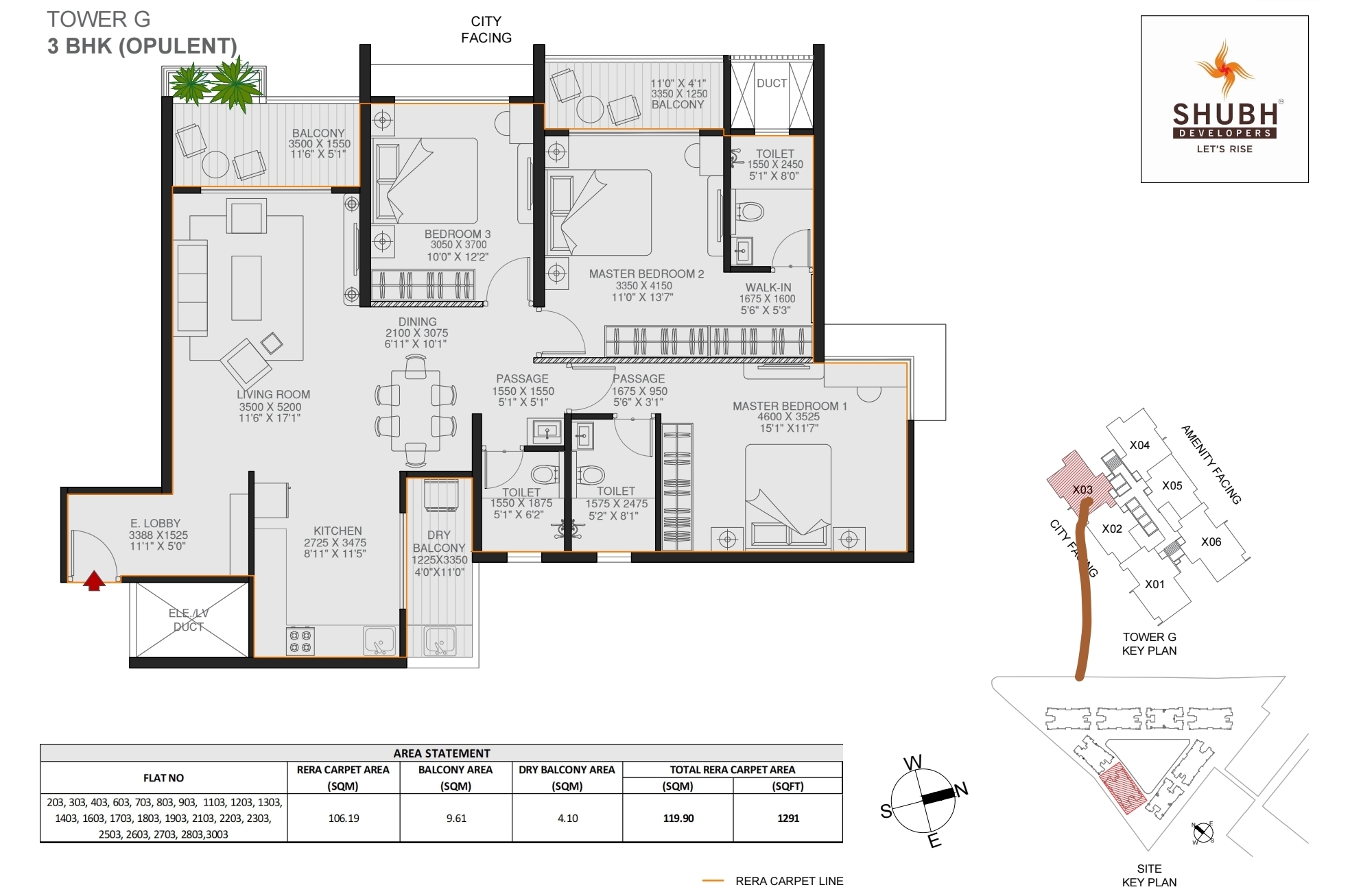 3 BHK 1265 sqft floor plan Envogue 2.0